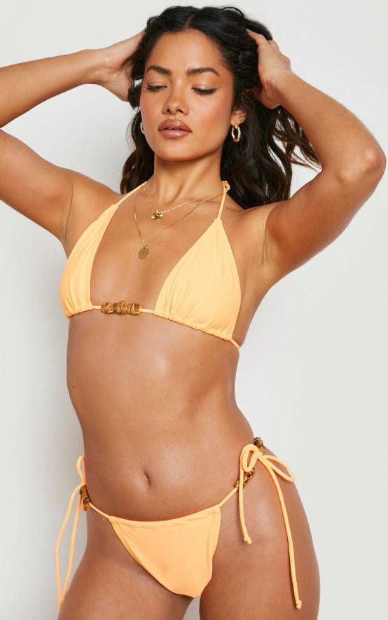 boohoo Bikini Broekje Met Zijstrikjes En Houten Kraaltjes, Yellow