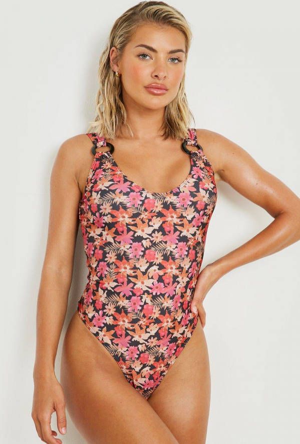 boohoo Bloemen Wikkel Badpak Met Ceintuur, Ring En Laag Decolleté,, Black