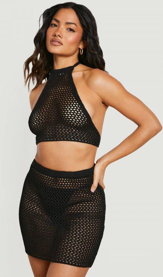 boohoo Gerecyclede Gehaakte Top En Rok Strand Set, Black