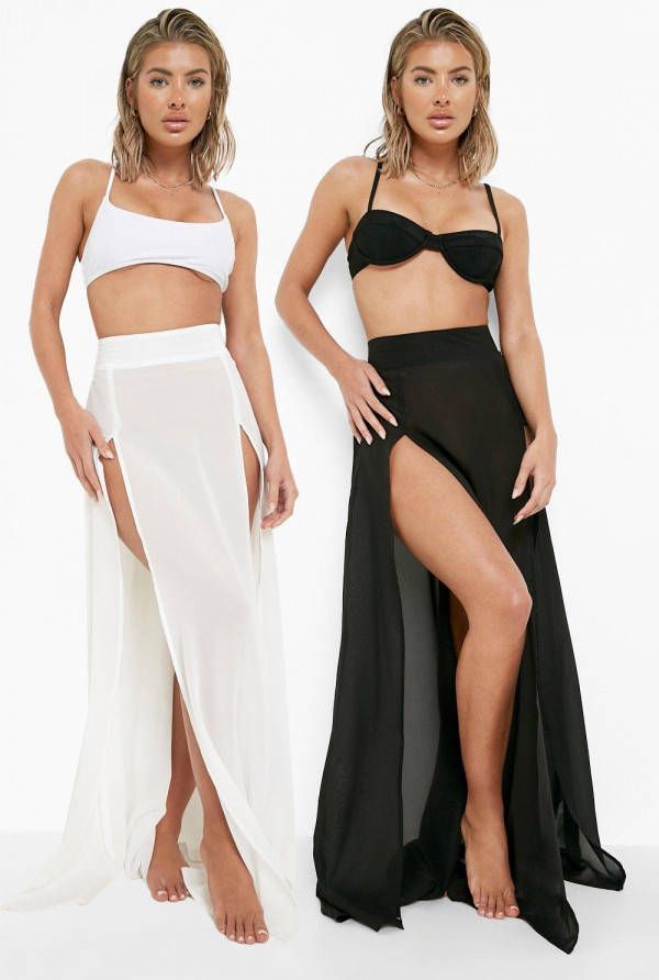 boohoo Maxi Chiffon Strand Rokken Met Split(2 Stuks ), Black