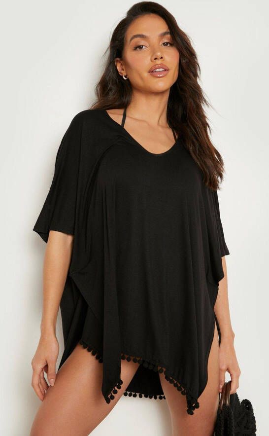 boohoo Strand Kaftan Cover Up Met Pom Poms, Black