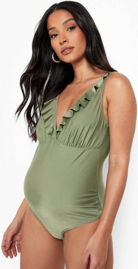 boohoo Zwangerschap Badpak Met Franjes En Laag Decolleté,, Khaki