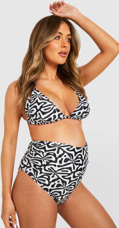 boohoo Zwangerschap Geo Print Bikini Met Schouderstrikjes, Black