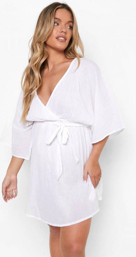 boohoo Zwangerschap Mini Strand Wikkel Jurk, White