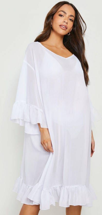 boohoo Zwangerschap Strand Jurk Met Ruches, White