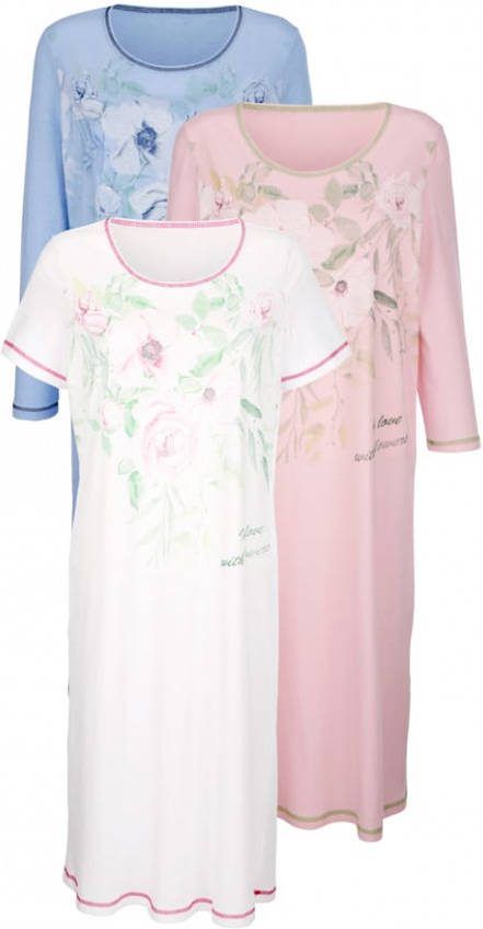 harmony Nachthemden per 3 stuks met 3 verschillende mouwlengtes Wit/Roze/Lichtblauw
