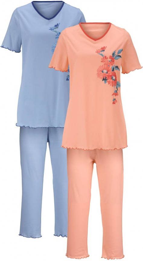harmony Pyjama's per 2 stuks met decoratieve contrastpaspels Apricot/Lichtblauw