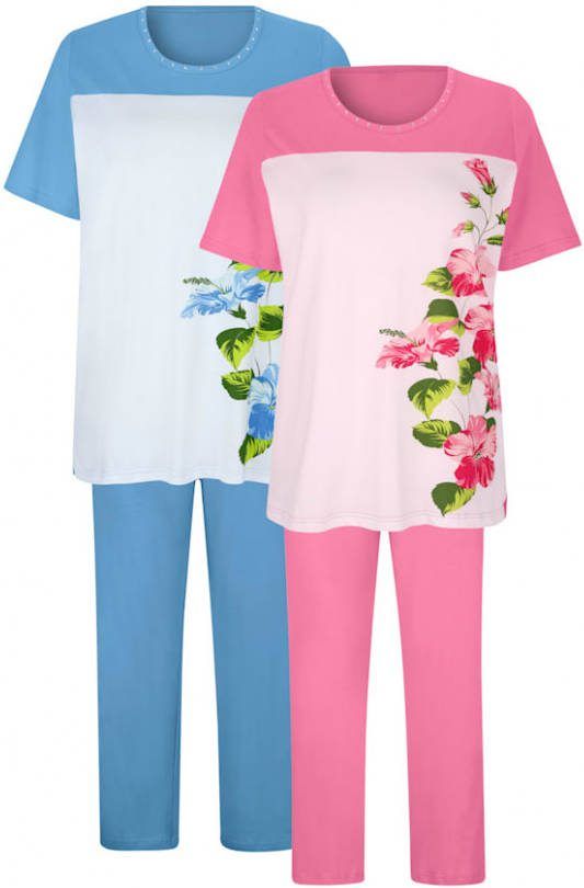harmony Pyjama's per 2 stuks met fraaie print Pink/Blauw/Ecru