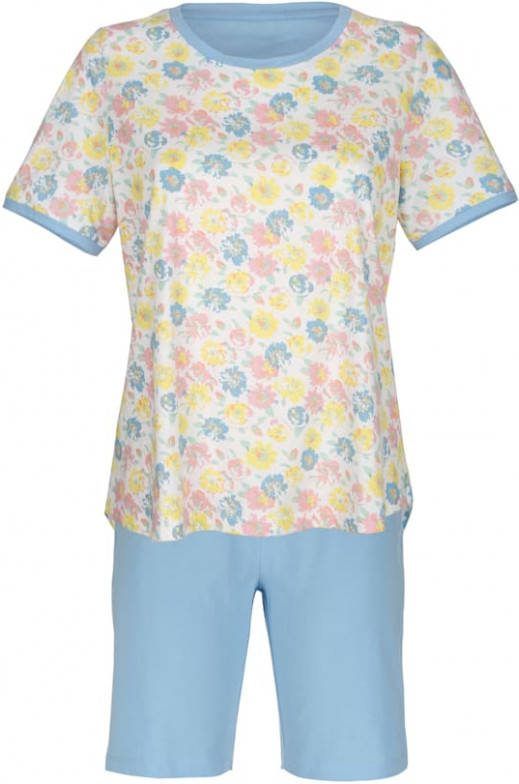 harmony Shortama met contrastkleurige hals en mouwboordjes Wit/Lichtblauw/Roze