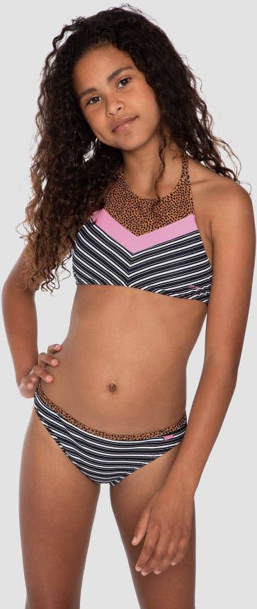 Protest crop bikini Hester met all over print zwart/wit/bruin