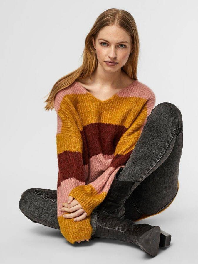 VERO MODA gebreide trui VMJULIE van gerecycled polyester roze/rood/geel