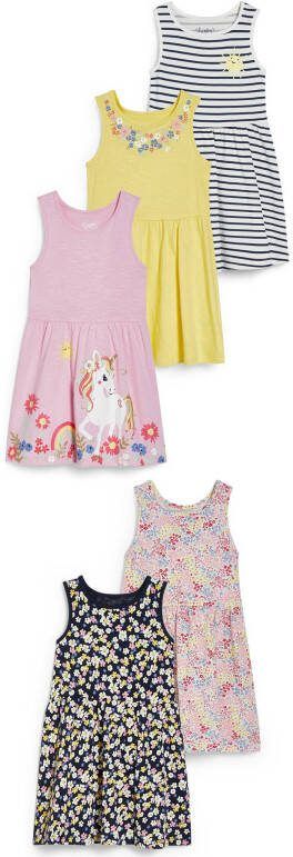 C&A jurk set van 5 zwart/roze/geel