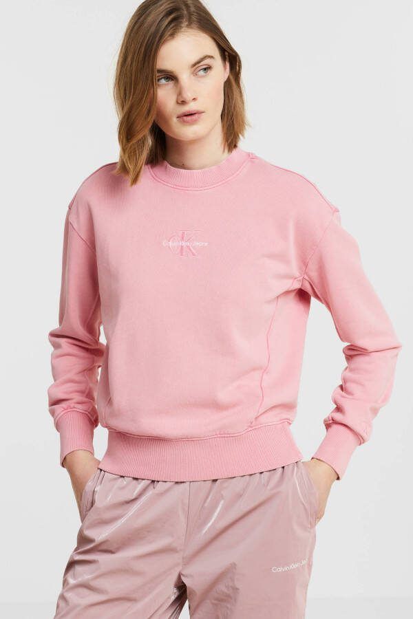 Calvin klein Monogram Logo Washed Crew Neck Jeans, Roze, Dames