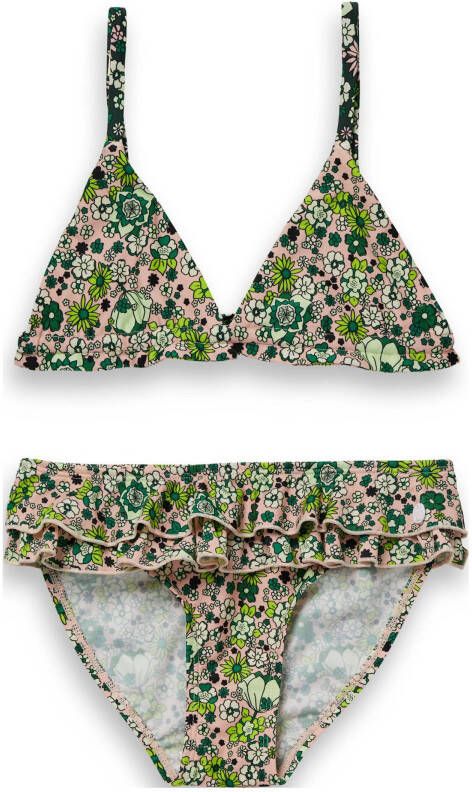 Scotch & Soda gebloemde triangel bikini met ruches roze/groen